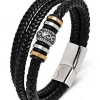 Men's Braided Leather Bracelet with Metal Bead Accents – Stylish Double-Layer Black Bracelet with Magnetic Clasp