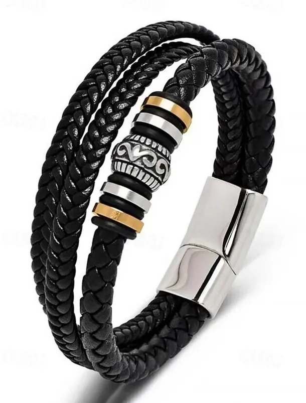 Men's Braided Leather Bracelet with Metal Bead Accents – Stylish Double-Layer Black Bracelet with Magnetic Clasp
