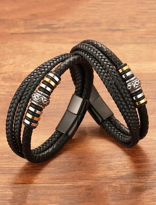 Men's Braided Leather Bracelet with Metal Bead Accents – Stylish Double-Layer Black Bracelet with Magnetic Clasp
