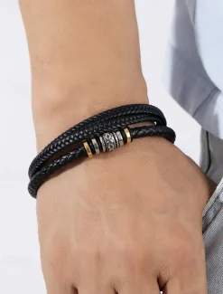 Men's Braided Leather Bracelet with Metal Bead Accents – Stylish Double-Layer Black Bracelet with Magnetic Clasp