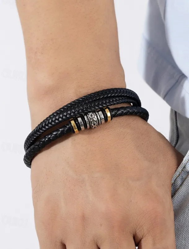 Men's Braided Leather Bracelet with Metal Bead Accents – Stylish Double-Layer Black Bracelet with Magnetic Clasp
