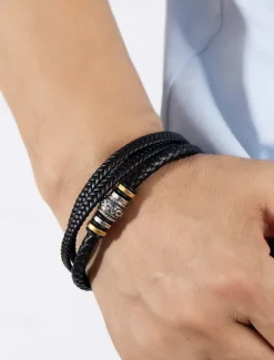 Men's Braided Leather Bracelet with Metal Bead Accents – Stylish Double-Layer Black Bracelet with Magnetic Clasp