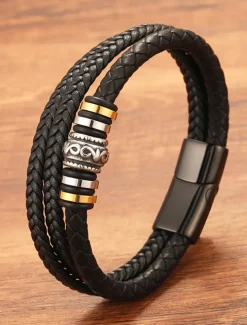 Men's Braided Leather Bracelet with Metal Bead Accents – Stylish Double-Layer Black Bracelet with Magnetic Clasp
