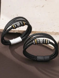 Men's Braided Leather Bracelet with Metal Bead Accents – Stylish Double-Layer Black Bracelet with Magnetic Clasp