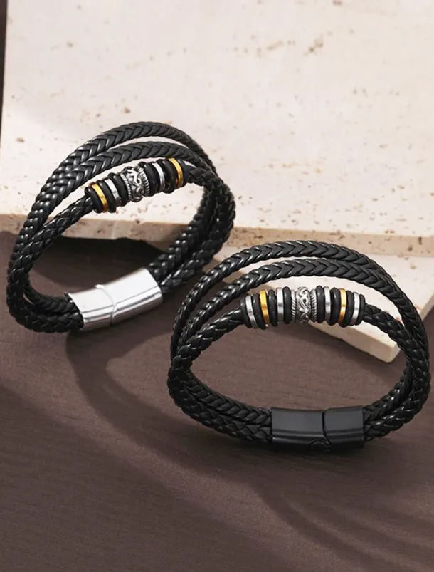 Men's Braided Leather Bracelet with Metal Bead Accents – Stylish Double-Layer Black Bracelet with Magnetic Clasp
