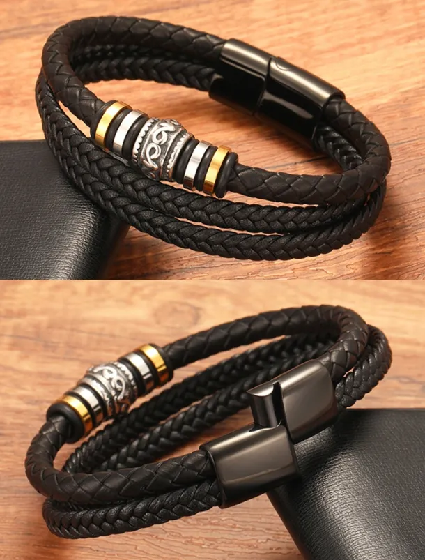 Men's Braided Leather Bracelet with Metal Bead Accents – Stylish Double-Layer Black Bracelet with Magnetic Clasp