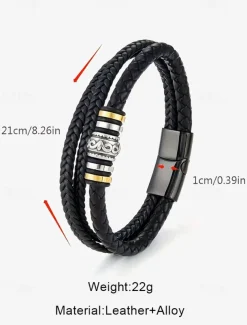 Men's Braided Leather Bracelet with Metal Bead Accents – Stylish Double-Layer Black Bracelet with Magnetic Clasp
