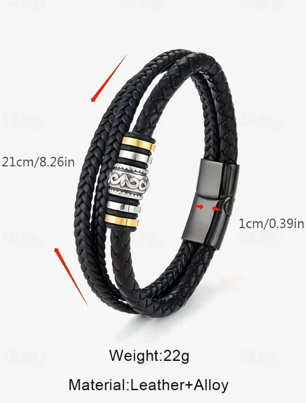 Men's Braided Leather Bracelet with Metal Bead Accents – Stylish Double-Layer Black Bracelet with Magnetic Clasp