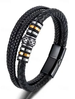 Men's Braided Leather Bracelet with Metal Bead Accents – Stylish Double-Layer Black Bracelet with Magnetic Clasp