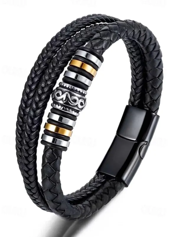 Men's Braided Leather Bracelet with Metal Bead Accents – Stylish Double-Layer Black Bracelet with Magnetic Clasp