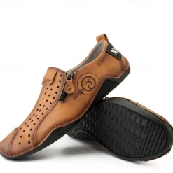 Men's Breathable Faux Leather Slip-On Casual Shoes – Vintage Style Loafers with Zipper & Perforated Design for Driving, Walking & Daily Wear