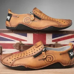 Men's Breathable Faux Leather Slip-On Casual Shoes – Vintage Style Loafers with Zipper & Perforated Design for Driving, Walking & Daily Wear