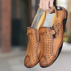 Men's Breathable Faux Leather Slip-On Casual Shoes – Vintage Style Loafers with Zipper & Perforated Design for Driving, Walking & Daily Wear