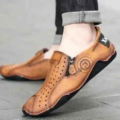 Men's Breathable Faux Leather Slip-On Casual Shoes – Vintage Style Loafers with Zipper & Perforated Design for Driving, Walking & Daily Wear