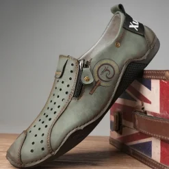 Men's Breathable Faux Leather Slip-On Casual Shoes – Vintage Style Loafers with Zipper & Perforated Design for Driving, Walking & Daily Wear