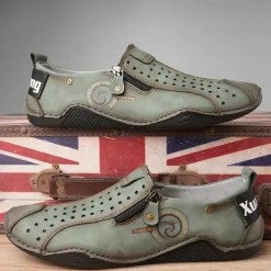 Men's Breathable Faux Leather Slip-On Casual Shoes – Vintage Style Loafers with Zipper & Perforated Design for Driving, Walking & Daily Wear