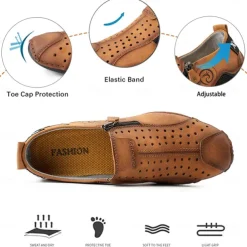 Men's Breathable Faux Leather Slip-On Casual Shoes – Vintage Style Loafers with Zipper & Perforated Design for Driving, Walking & Daily Wear