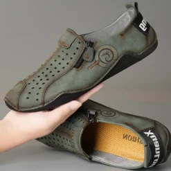 Men's Breathable Faux Leather Slip-On Casual Shoes – Vintage Style Loafers with Zipper & Perforated Design for Driving, Walking & Daily Wear