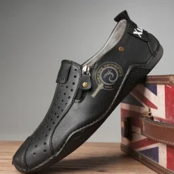 Men's Breathable Faux Leather Slip-On Casual Shoes – Vintage Style Loafers with Zipper & Perforated Design for Driving, Walking & Daily Wear