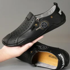 Men's Breathable Faux Leather Slip-On Casual Shoes – Vintage Style Loafers with Zipper & Perforated Design for Driving, Walking & Daily Wear