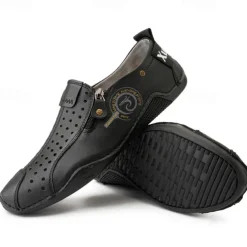 Men's Breathable Faux Leather Slip-On Casual Shoes – Vintage Style Loafers with Zipper & Perforated Design for Driving, Walking & Daily Wear