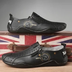 Men's Breathable Faux Leather Slip-On Casual Shoes – Vintage Style Loafers with Zipper & Perforated Design for Driving, Walking & Daily Wear