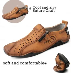 Men's Breathable Faux Leather Slip-On Casual Shoes – Vintage Style Loafers with Zipper & Perforated Design for Driving, Walking & Daily Wear