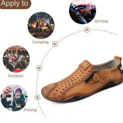 Men's Breathable Faux Leather Slip-On Casual Shoes – Vintage Style Loafers with Zipper & Perforated Design for Driving, Walking & Daily Wear