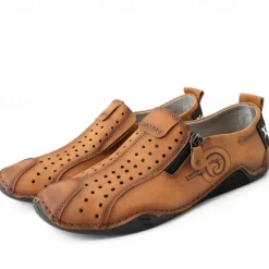 Men's Breathable Faux Leather Slip-On Casual Shoes – Vintage Style Loafers with Zipper & Perforated Design for Driving, Walking & Daily Wear