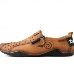 Men's Breathable Faux Leather Slip-On Casual Shoes – Vintage Style Loafers with Zipper & Perforated Design for Driving, Walking & Daily Wear