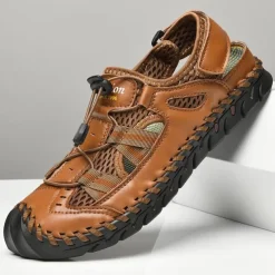 Men's Breathable Faux Leather Outdoor Sandals – Closed Toe Sport Fisherman Shoes with Adjustable Elastic Laces for Hiking, Walking & Casual Summer Wear