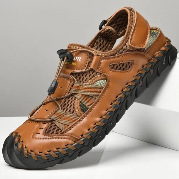 Men's Breathable Faux Leather Outdoor Sandals – Closed Toe Sport Fisherman Shoes with Adjustable Elastic Laces for Hiking, Walking & Casual Summer Wear