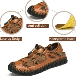 Men's Breathable Faux Leather Outdoor Sandals – Closed Toe Sport Fisherman Shoes with Adjustable Elastic Laces for Hiking, Walking & Casual Summer Wear