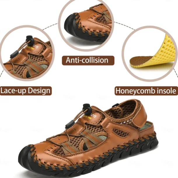 Men's Breathable Faux Leather Outdoor Sandals – Closed Toe Sport Fisherman Shoes with Adjustable Elastic Laces for Hiking, Walking & Casual Summer Wear