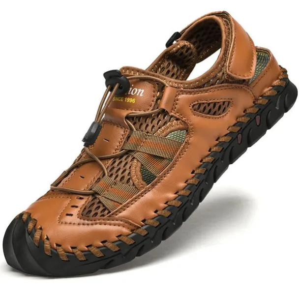 Men's Breathable Faux Leather Outdoor Sandals – Closed Toe Sport Fisherman Shoes with Adjustable Elastic Laces for Hiking, Walking & Casual Summer Wear