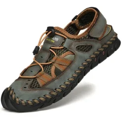 Men's Breathable Faux Leather Outdoor Sandals – Closed Toe Sport Fisherman Shoes with Adjustable Elastic Laces for Hiking, Walking & Casual Summer Wear