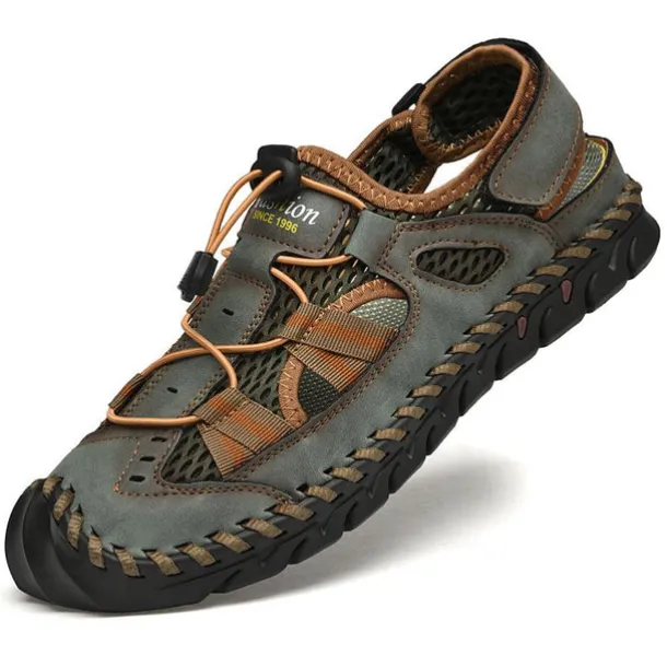 Men's Breathable Faux Leather Outdoor Sandals – Closed Toe Sport Fisherman Shoes with Adjustable Elastic Laces for Hiking, Walking & Casual Summer Wear