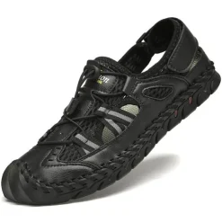 Men's Breathable Faux Leather Outdoor Sandals – Closed Toe Sport Fisherman Shoes with Adjustable Elastic Laces for Hiking, Walking & Casual Summer Wear