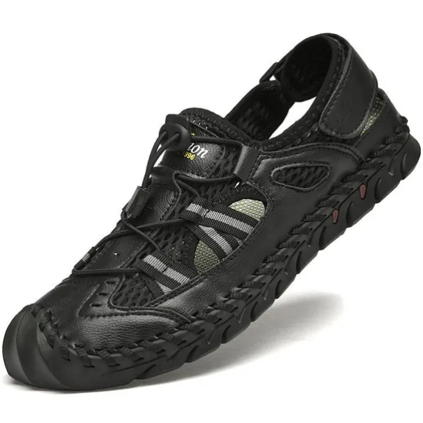 Men's Breathable Faux Leather Outdoor Sandals – Closed Toe Sport Fisherman Shoes with Adjustable Elastic Laces for Hiking, Walking & Casual Summer Wear