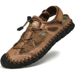 Men's Breathable Faux Leather Outdoor Sandals – Closed Toe Sport Fisherman Shoes with Adjustable Elastic Laces for Hiking, Walking & Casual Summer Wear