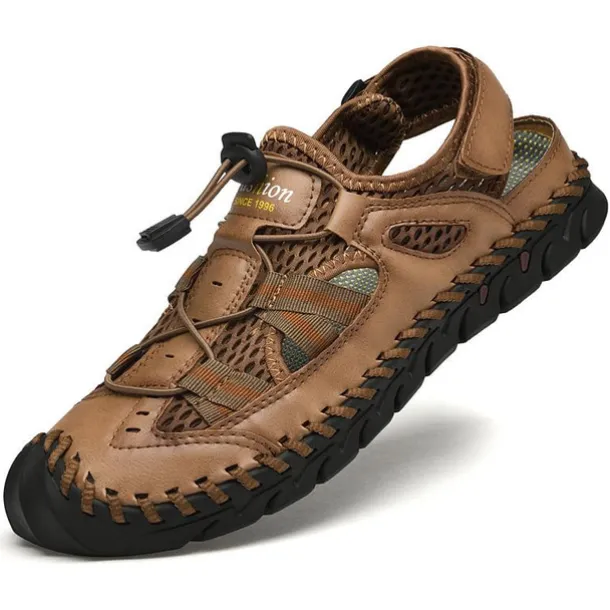 Men's Breathable Faux Leather Outdoor Sandals – Closed Toe Sport Fisherman Shoes with Adjustable Elastic Laces for Hiking, Walking & Casual Summer Wear