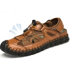 Men's Breathable Faux Leather Outdoor Sandals – Closed Toe Sport Fisherman Shoes with Adjustable Elastic Laces for Hiking, Walking & Casual Summer Wear