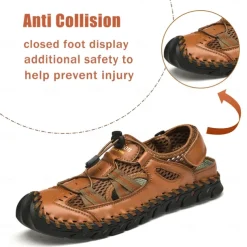 Men's Breathable Faux Leather Outdoor Sandals – Closed Toe Sport Fisherman Shoes with Adjustable Elastic Laces for Hiking, Walking & Casual Summer Wear