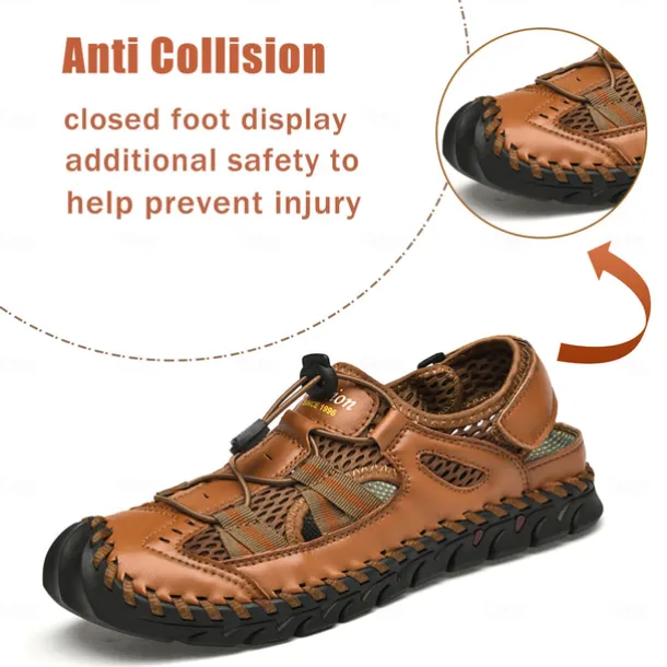 Men's Breathable Faux Leather Outdoor Sandals – Closed Toe Sport Fisherman Shoes with Adjustable Elastic Laces for Hiking, Walking & Casual Summer Wear