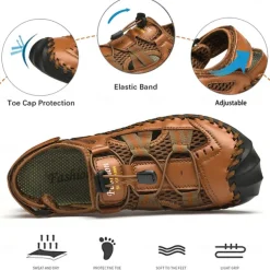 Men's Breathable Faux Leather Outdoor Sandals – Closed Toe Sport Fisherman Shoes with Adjustable Elastic Laces for Hiking, Walking & Casual Summer Wear