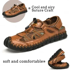 Men's Breathable Faux Leather Outdoor Sandals – Closed Toe Sport Fisherman Shoes with Adjustable Elastic Laces for Hiking, Walking & Casual Summer Wear