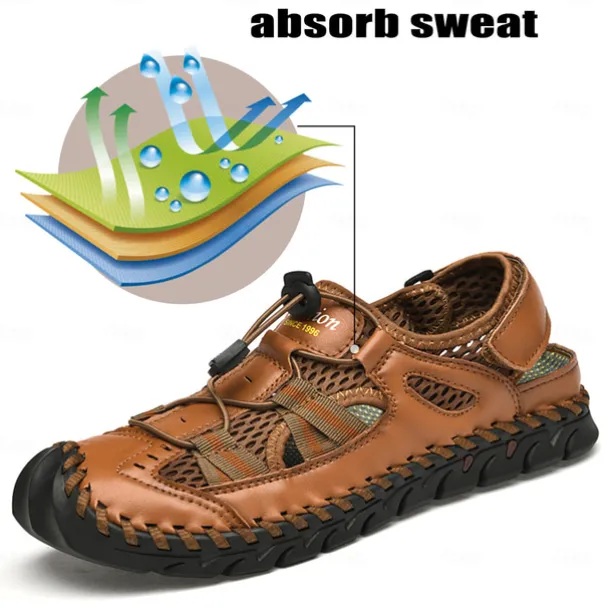 Men's Breathable Faux Leather Outdoor Sandals – Closed Toe Sport Fisherman Shoes with Adjustable Elastic Laces for Hiking, Walking & Casual Summer Wear