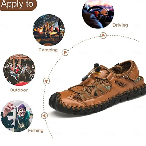 Men's Breathable Faux Leather Outdoor Sandals – Closed Toe Sport Fisherman Shoes with Adjustable Elastic Laces for Hiking, Walking & Casual Summer Wear