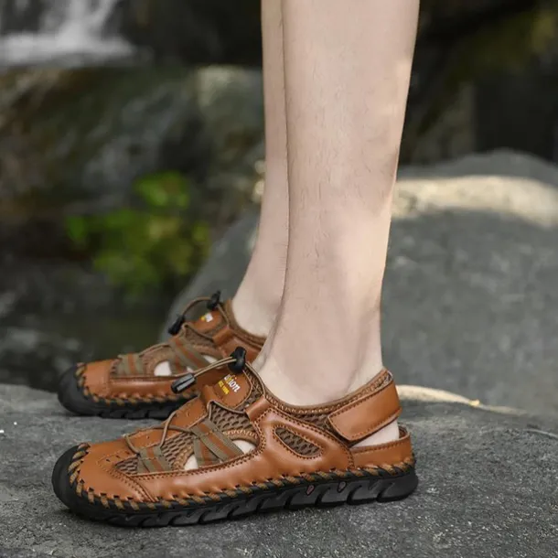 Men's Breathable Faux Leather Outdoor Sandals – Closed Toe Sport Fisherman Shoes with Adjustable Elastic Laces for Hiking, Walking & Casual Summer Wear