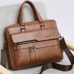 Men's Briefcase Laptop Bag PU Leather Office Daily Zipper Tiered Anti-Dust Solid Color Dark Brown Black Brown